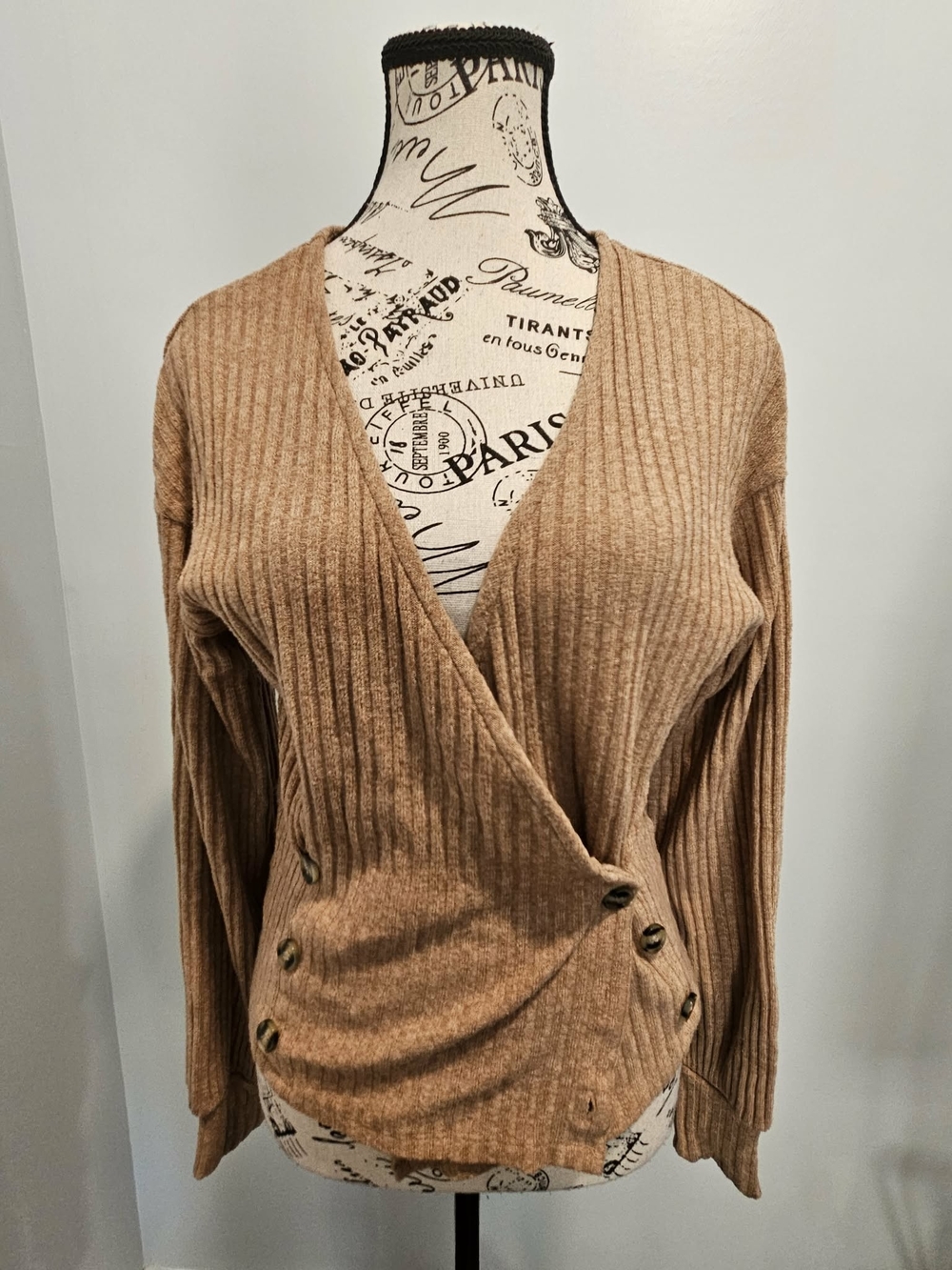 Kori Ribbed V-Neck Wrap Sweater in Camel Brown